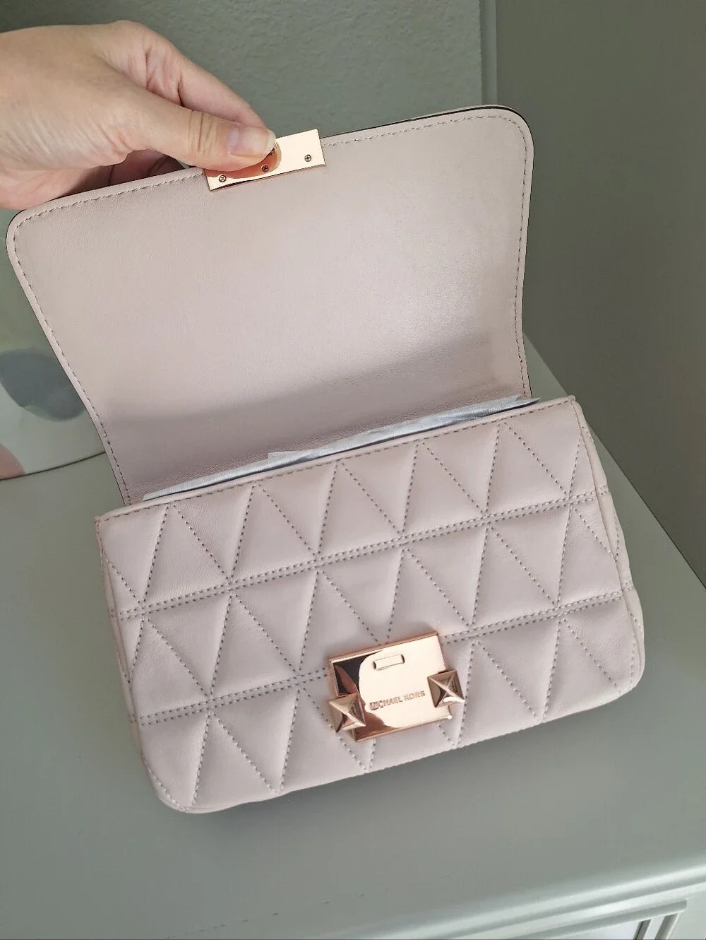 NWT Michael Kors Sloan Quilted Bag Small Size Soft Pink With Rose Gold Hardware
